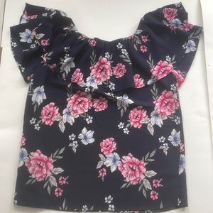 Suzy Shier floral crepe off the shoulder top.